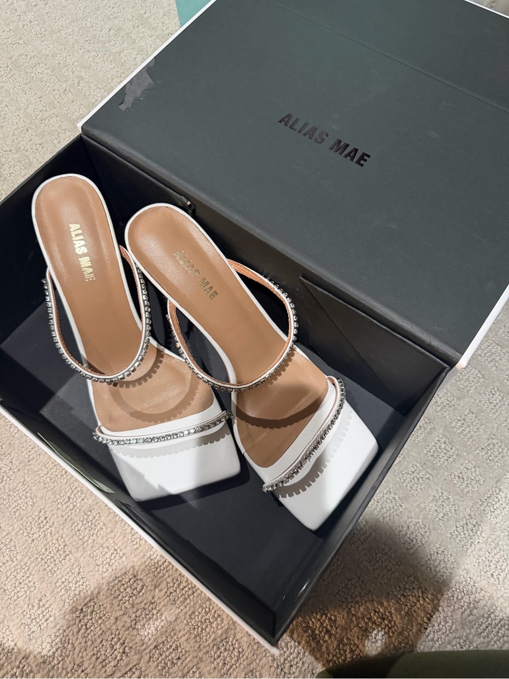 Alias Mae White Crystal-Trim Square-Toe Slide Mules